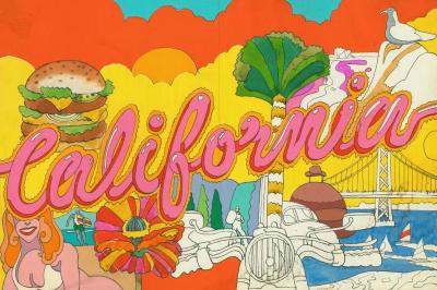 Original Art depicts: sketch of images representing California including a hamburger, woman in bikini, palm tree and a bridge. Pink bubble letters spelling California run across the page.