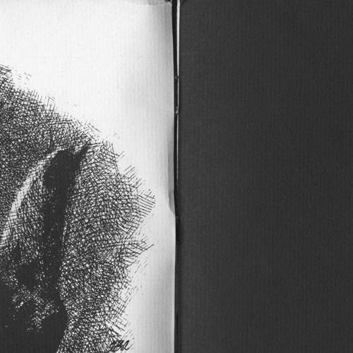 Exhibition Catalogues depicts: Left half is a drawing of figure riding a horse, right half a black page with "of illustration" in white type