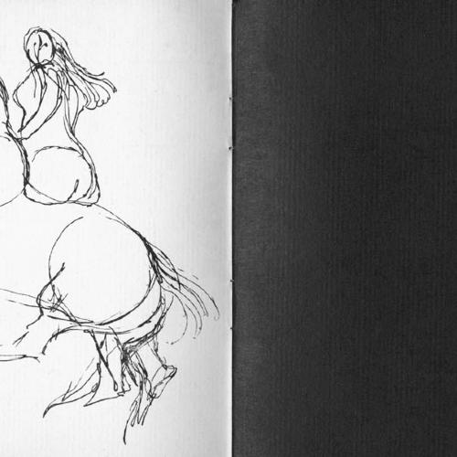 Exhibition Catalogues depicts: Left half is a drawing of figure riding a horse, right half a black page with "of illustrations" in white type