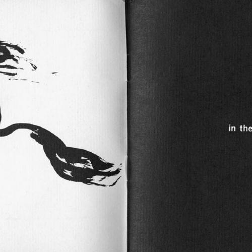 Exhibition Catalogues depicts: Left half is a drawing of figure riding a horse, right half a black page with "in the School of Visual Arts" in white type