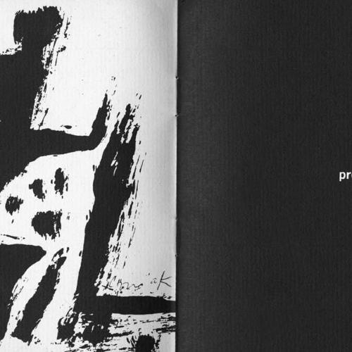 Exhibition Catalogues depicts: Left half is a drawing of figure riding a horse, right half a black page with "presents an exhibition" in white type