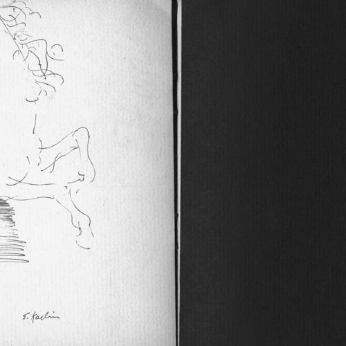 Exhibition Catalogues depicts: Left half is a drawing of figure riding a horse, right half a black page with "April 14" in white type