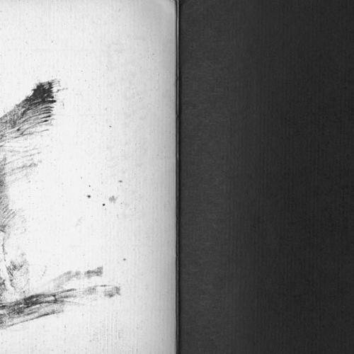 Exhibition Catalogues depicts: Left half is a drawing of figure riding a horse, right half a black page with "of the" in white type