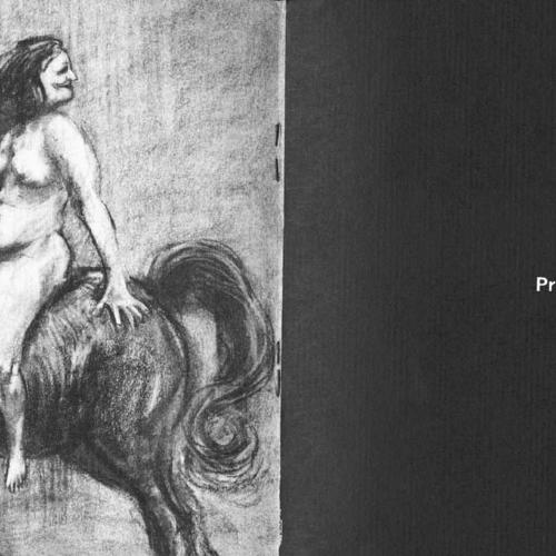 Exhibition Catalogues depicts: Left half is a drawing of figure riding a horse, right half a black page with "preview Friday evening" in white type