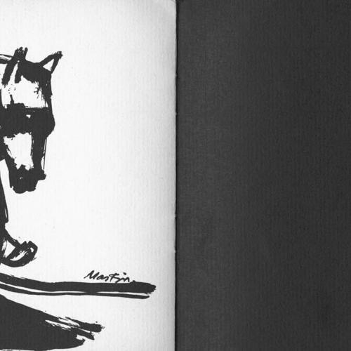 Exhibition Catalogues depicts: Left half is a drawing of figure riding a horse, right half a black page with "in the gallery" in white type