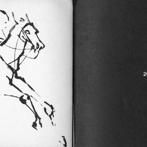 Exhibition Catalogues depicts: Left half is a drawing of figure riding a horse, right half a black page with "209 East 23rd Street" in white type