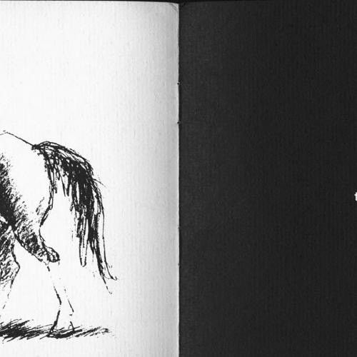 Exhibition Catalogues depicts: Left half is a drawing of figure riding a horse, right half a black page with "to be held from" in white type