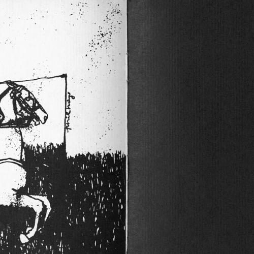 Exhibition Catalogues depicts: Left half is a drawing of figure riding a horse, right half a black page with "April 17" in white type