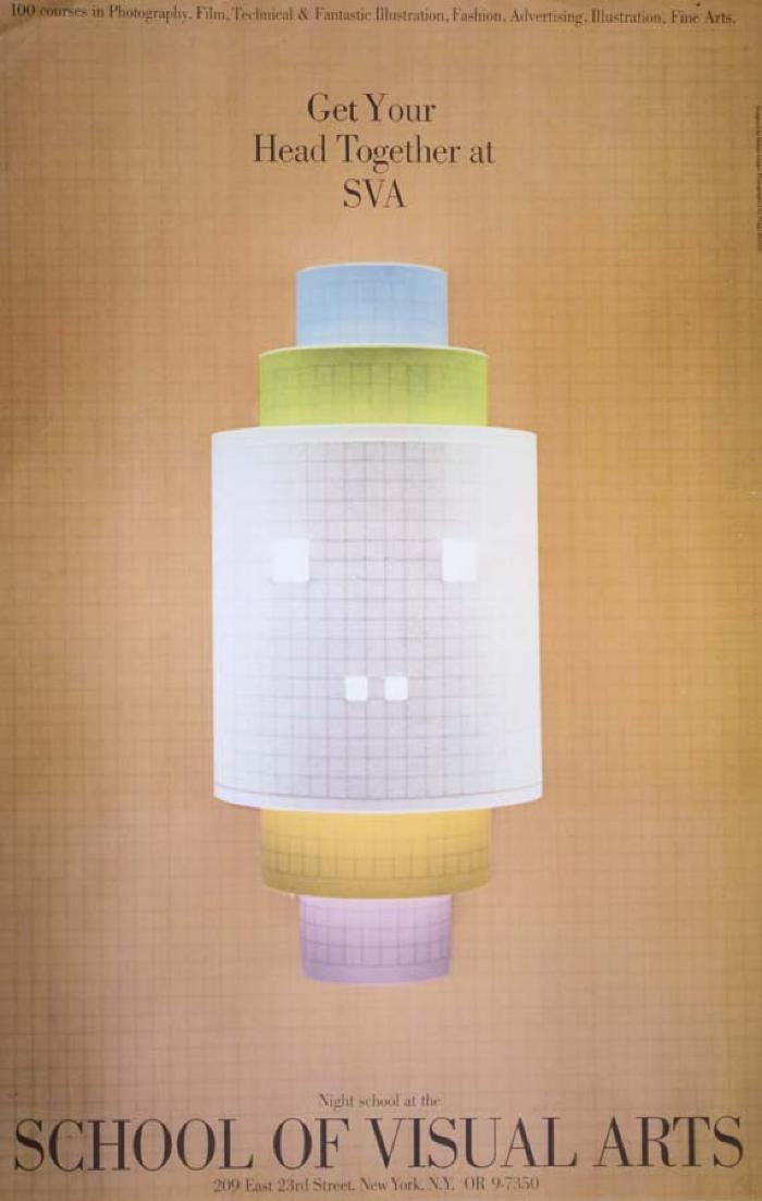 Posters depicts: Grid printed cylindrical shapes forming a face like sculpture