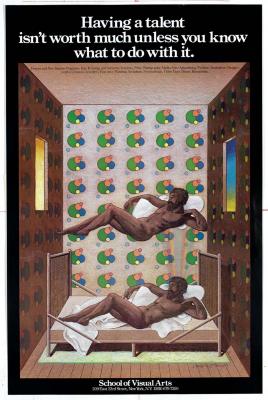 Posters depicts: Classical male figure in duplicate floating against patterned wallpaperover bed 