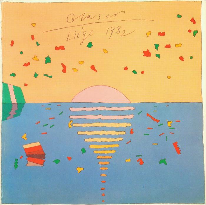 Exhibition Catalogues depicts: pink sun setting over blue wate with confetti like pieces in gree and red in the sky and the water.