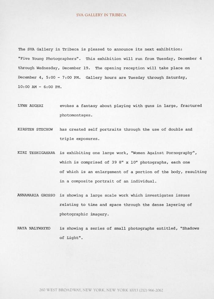 Press Releases depicts: Typewritten description of exhibition