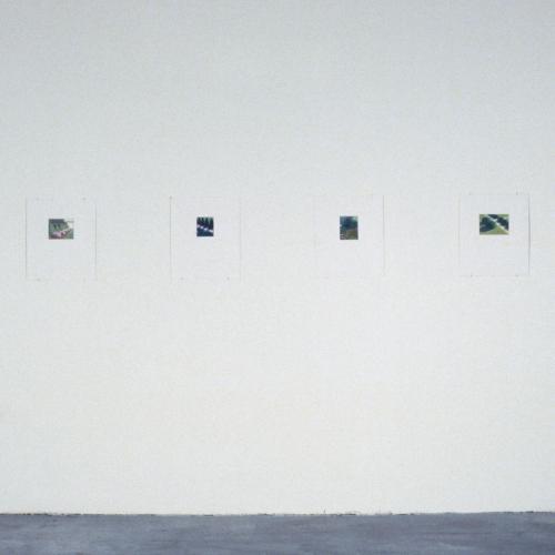 Photographic Materials depicts: color slide of artworks installed in a gallery, on windows