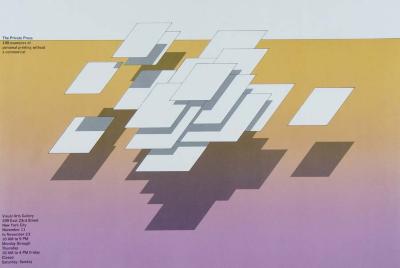 Posters depicts: Layered rectangles floating over a purple and yellow background