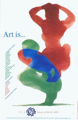 Posters depicts: Brown watercolor figure overlappying a green squatting figure.