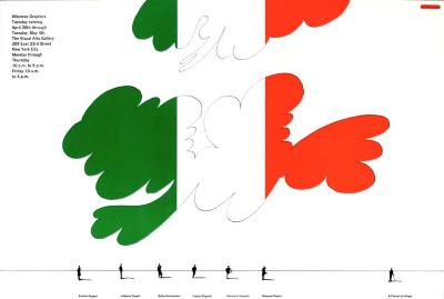 Posters depicts: Clouds in Italian flag colors of green, white and red and small figures at the bottom