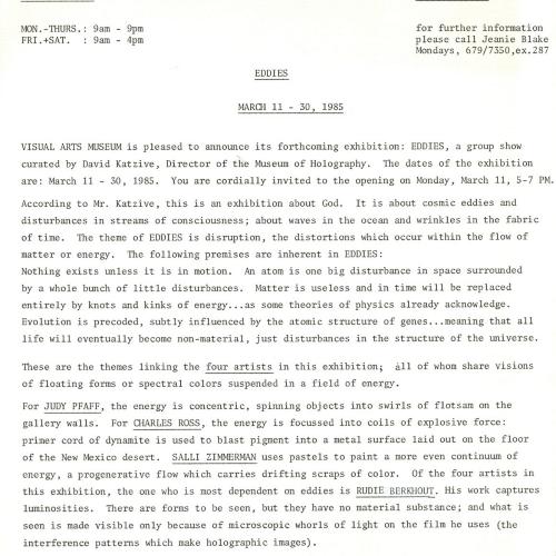 Press Releases depicts: Typewritten document describing exhibition