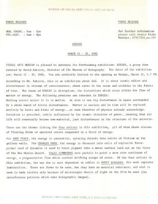 Press Releases depicts: Typewritten document describing exhibition