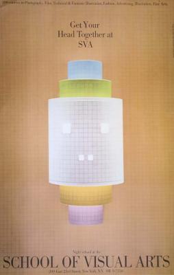 Posters depicts: Grid printed cylindrical shapes forming a face like sculpture