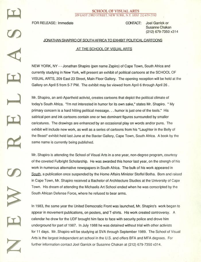 Press Releases depicts: Typewritten document describing exhibition