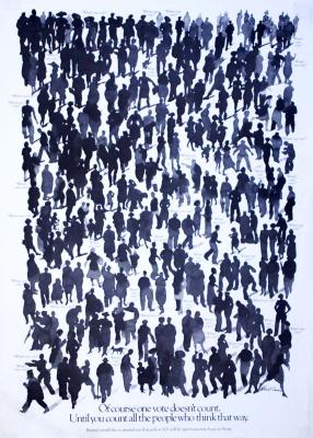 Advertisements depicts: Crowds of figures drawn in black ink