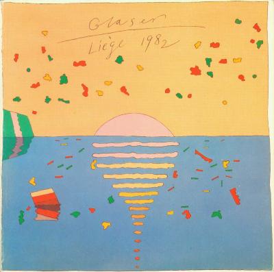 Exhibition Catalogues depicts: pink sun setting over blue wate with confetti like pieces in gree and red in the sky and the water.