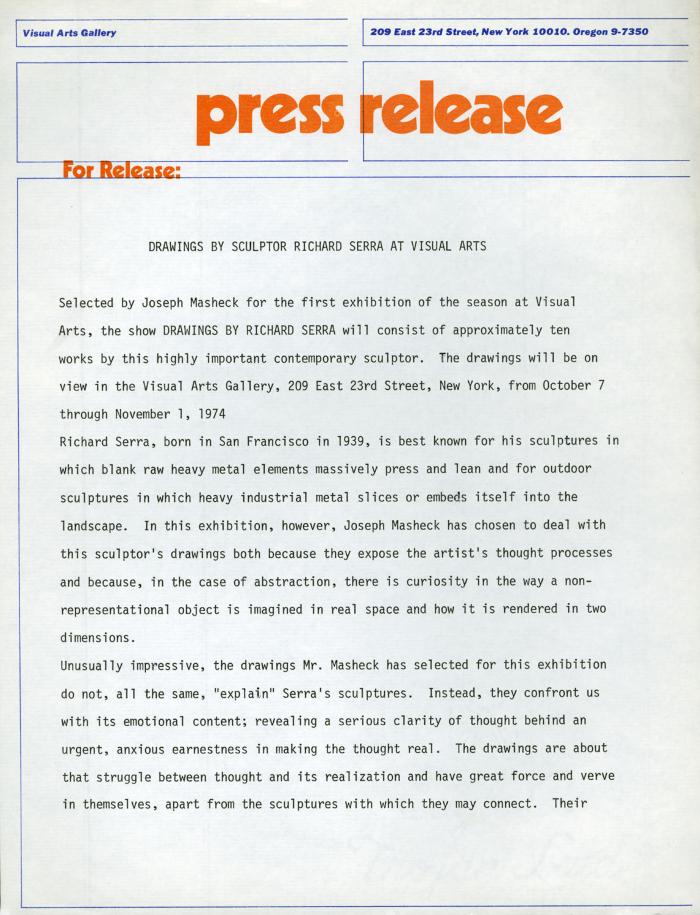 Press Releases depicts: Typewritten document describing exhibition
