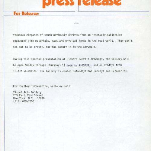 Press Releases depicts: Typewritten document describing exhibition