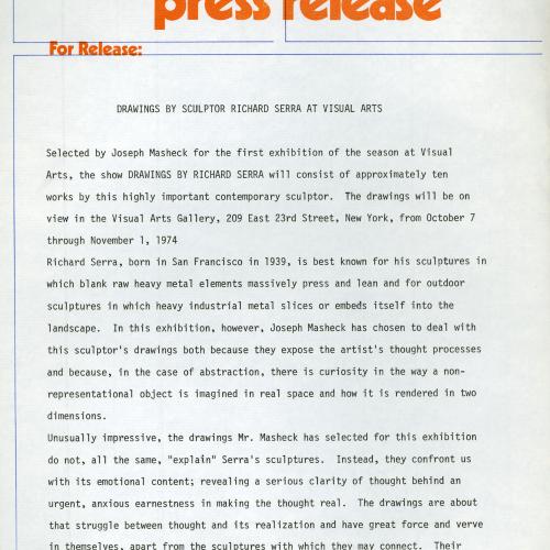 Press Releases depicts: Typewritten document describing exhibition