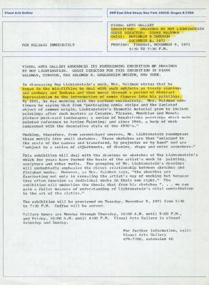 Press Releases depicts: Typewritten description of exhibition