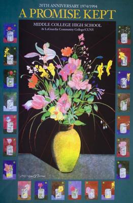 Posters depicts: flowers in yellow vase. Twenty individual flowers in glasses make a frame around the vase at center.