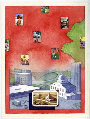 Original Art depicts: Birds eye view of several white buildings with several photographs inset over the top of front views of different people in different locations against a red background. There is also a photograph of the buildings at the bottom.
