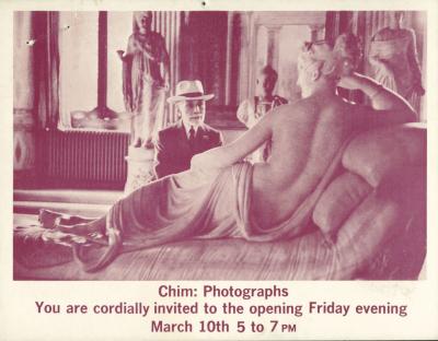 Prints depicts: Photograph of a man looking at a classical sculpture above opening reception information