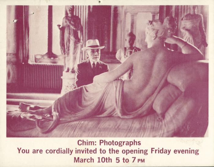 Prints depicts: Photograph of a man looking at a classical sculpture above opening reception information