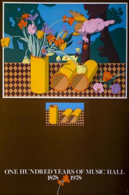 Posters depicts: flowers and 3-D 100 on 3-D checkered background