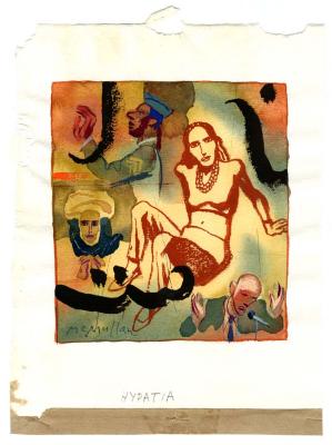 Original Art depicts: Semi abstract illustration of a woman sitting back on her hands in the middle of the image, with the bust side profile of a man with his arm best looking left to her left, the front bust view of a person in a headdress how her lower left, and a front bust view of a man with his hands up in front of a microphone to her lower right, with the back of the image being textured red, blue and black swirls.