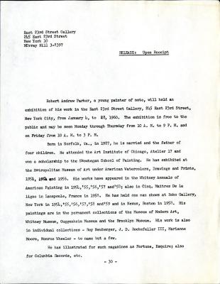 Press Releases depicts: Typewritten page with biographical and professional information on Robert Andrew Parker