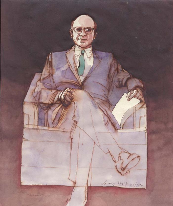 Original Art depicts: Front view of a bald, spectacled man sitting in an armchair with his legs crossed. The man has a black suit with a green tie on, and has one hand resting on his knee and the other hand holding a book open.