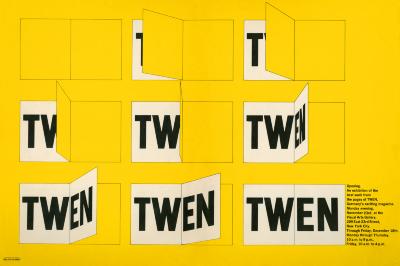 Posters depicts: A series of drawings on a yellow background of a panel opening to reveal the word TWEN