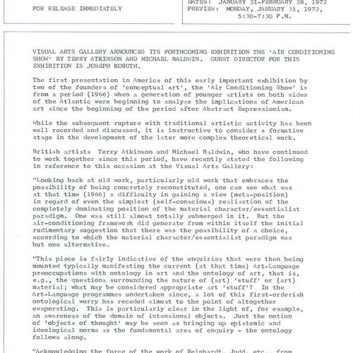 Press Releases depicts: Typewritten description of exhibition