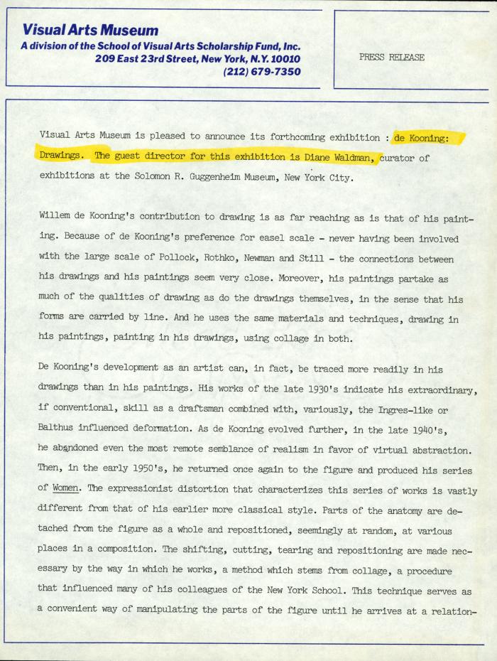 Press Releases depicts: Typewritten description of exhibition