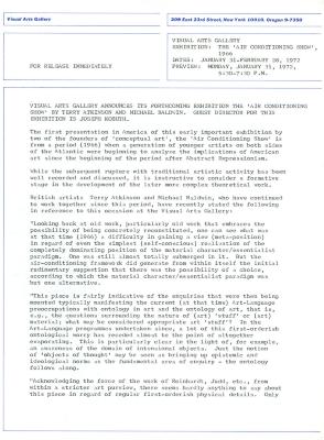 Press Releases depicts: Typewritten description of exhibition