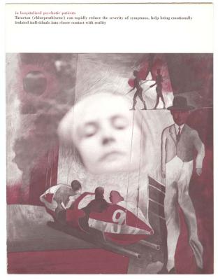 Clippings/Tearsheets depicts: Illustration of a ghostly face in the middle of the image with the back view of three people in a roller coaster car in the lower middle going left, a front full view of a man in a suit and a bowler hat on the right, and the silhouettes of two tightrope walkers in the upper right. The only colors used are greyscale and red.