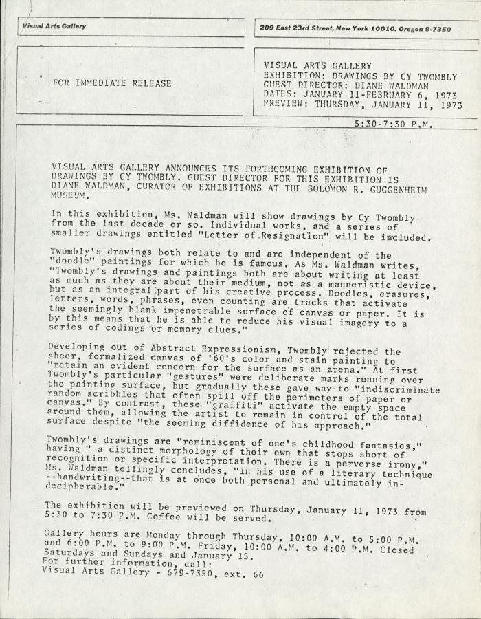 Press Releases depicts: Typewritten description of exhibition