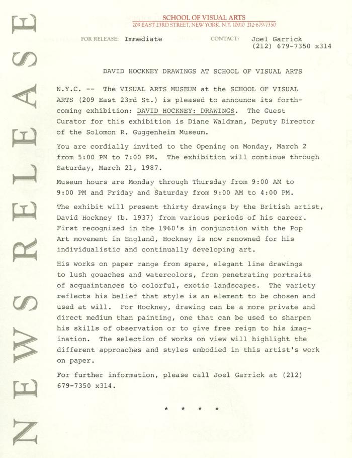 Press Releases depicts: Typewritten document describing exhibition