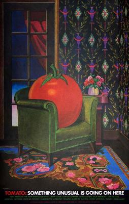 Posters depicts: Oversized tomato on plush green chair in opulent room