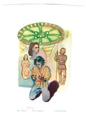 Original Art depicts: Illustration of a front view of a man on his knees staring at the palms of his hands. Behind him from left to right there is the front view of a woman with her hands over her chest in an orange dress, the head and neck of a woman looking right, and a front view of a man looking left, with a green circular ceiling decoration above them.