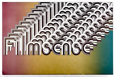 Posters depicts: The word Filmsense stacked up on top of itself multiple times, creating depth on top of a color gradient changing from pink to yellow to green and blue.