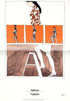 Clippings/Tearsheets depicts: Illustrated comic with the top panel being a woman in an orange paisley blouse in a mid shot profile facing the left. The middle three panels are of the woman walking backwards off a ladder against an orange background, and the bottom panel is of a close up of the woman's legs walking down the ladder, with the woman being not colored in and a brown watercolor background.