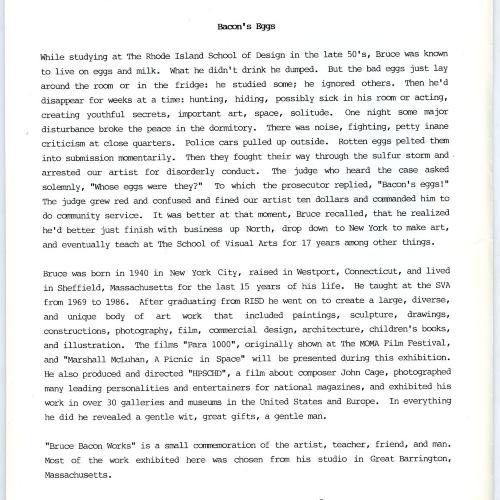 Exhibition Catalogues depicts: Bruce Bacon: Works: Drawings, Paintings and Sculpture catalog